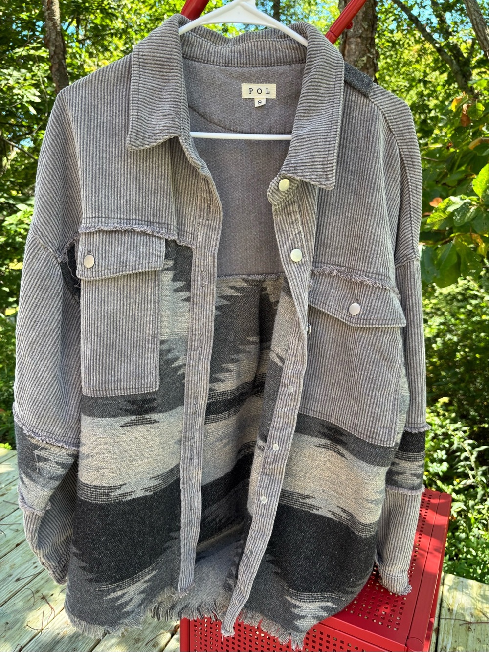 POL Gray Corduroy Patchwork Button-Down Shirt Jacket